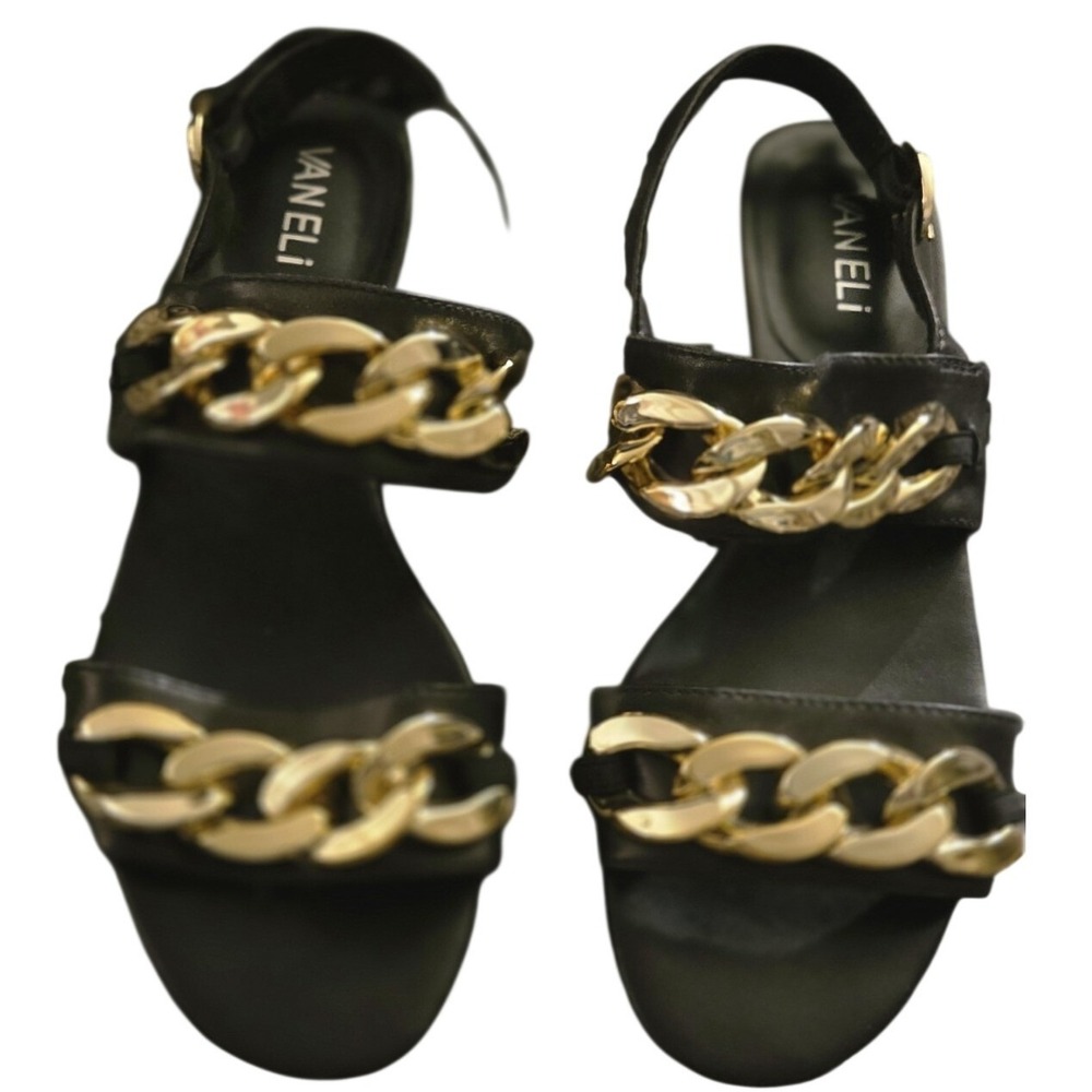 VANELi‎ Women's Black Leather Sandals Size 7 – Gold Chain Dress Sandals...